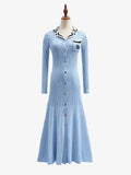 Knitted Ruffles Long Dress Women Solid Full Sleeve V Neck Slim Fit High Waist Sweaters A Line Dresses Autumn Winter-Outfit