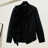 Patchwork Floral White Shirt For Women Stand Collar Long Sleeve Loose Solid Button Through Blouse Female