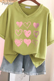 100% Cotton L-6XL T Shirt Plus Size Tshirt Short Sleeve Women Top Summer Heart Print Sweet V Neck Oversized T