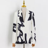 Colorblock Casual Two Piece Set For Females Notched Long Sleeve Blazers High Waist Pants Floral Print Women's