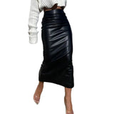 Women Spring Autumn Sexy Skirt, Adults Slim-fit Solid Color High Waist Sllim Slit Leather Skirt (Black, White)-Outfit