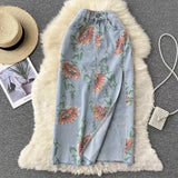 Floarl Print Women Jeans Skirt 2022 Summer Split Button Zipper Vacation Retro Ladies A Line Harajuku Long