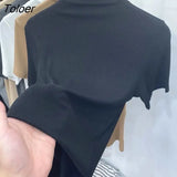 Short Sleeves Women T-shirts Summer New 2022 Turtleneck Solid Slim Elastic Long-sleeved Female Buttoming Pulls Top