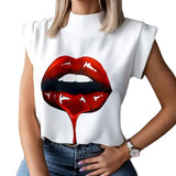 Summer Women Sleeveless Mandarin Collar Printed Pullover T-Shirt 2021 Sexy Club Street Casaul Homewear T-Shirt