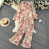 Holiday Fashion Print Two Pieces Sutis Autumn Batwing Sleeve Loose Top+Casual Straight Long Pant 2022 Retro Women