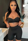 Black Sexy Crop Top Solid Skinny Two Piece Shorts