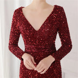 Winter Elegant Deep V Neck Long Sleeve Slit Cocktail Eevening