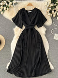Women's Dress Temperament French Pleated Slim Long Vacation Style Chiffon Pleated Skirt Solid Color V-neck Women's