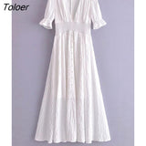 Elegant Organza Long Dress Women Summer Elastic Waist V Neck Puff Sleeve Split Hem White Vestidos Boho Beach Dresses