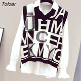Autumn Knitted Vest Women Fashion Casual Sweater Vest V-neck Tops Woman 2022 New Black and White Letters Knitted