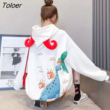 Autumn Winter New Hoodies Women Korean Plus Velvet Thick Hooded Jackets Women Student Loose Cartoon Calf Horn Kawaii