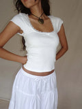 Vintage Baby Tee Cottage Lace Trim Knitted T-Shirt Summer Square Neck Short Sleeve Tee Shirt Women White Milkmaid Crop Top-Outfit