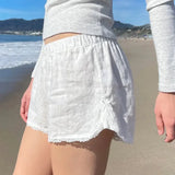 Style Buckle Solid Color Simple Woven Shorts Loose Waist Loose 100-Lap Spliced Lace Casual Trousers-Outfit