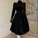 Winter Black Velvet Dress Women French Vintage Turtleneck Long Sleeve High Waist Office Lady A-Line Dress Female