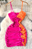 Summer Women Bodycon Dress Color Match Spaghetti Strap V Neck Sleeveless Cut Out Twist Ruched Tight Fit Night Out