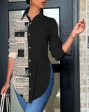 Casual Shirt Women Turn Down Collar Print Long Sleeve Shirts Loose Casual Split Blouse Button Tops Office Ladies-Outfit