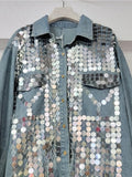 Women's Denim Shirt Loose Patchwork Full Sequins Single Breasted Blue Long Sleeve Blouse 2024 Summer New Fashion 29L6408-Outfit