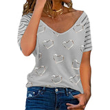 Women Heart Striped Printed Zipper T Shirt Short Sleeve Casual Tops Loose Summer Fashion Sexy Clothing Top De