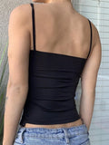 Retro Women Solid Camis Tops Sleeveless Spaghetti Strap Split Hem Ruched Camisole Square Neck Slim Fit Tank Mini Vest-Outfit