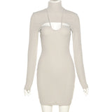 Solid Color Knit Turtleneck Long Sleeve Cut Out Mini Dresses Women Sexy Hollow Out Bodycon Dress Summer