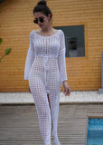 Vacation White Long Sleeve Cover Up Crochet Knitted Beach
