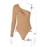 Out Bodysuits 2021 Spring Long Sleeve Solid One-Shoulder Patchwork Skinny Women Fashion Sexy Streetwear