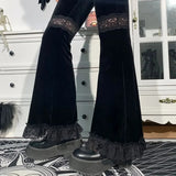 Goth High Waist Flared Pants Aesthetic Sexy Lace Patchwork Women's Pants Vintage Elegant Velvet Christmas Trousers-Outfit
