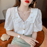 Short Puff Sleeve Summer Blouses Blusas Korean Beading Peter Pan Collar Shirts Women Tops Loose Kawaii Clothing
