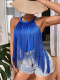 Women's Hot-Selling Solid Color Sleeveless Neck Top Ladies' Fashionable Tassel Beach Swimsuit-Outfit