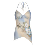 Girls Holiday Style Retro Plant Flower Printing V-Collar Small Sling Vest Irregular Hem Waist Top-Outfit