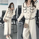 Striped Knitted Two Piece Suit Women Elegant Single Breasted Long Sleeve Top And Knit Wide Leg Pant 2023 New Korean
