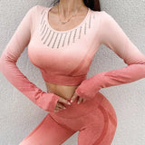 New Women's Fitness T-Shirt Sport Crop Top Long Sleeve Layer Crew Neck Power Stretch Gradual Crop Top Sexy Gym