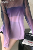 T Shirt Women Sexy Hollow Out Thin Gradient Oversized Tops Fashion See Throught Summer Tshirts Backless Y2k