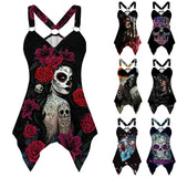 Women Tank Tops Gothic Skull Print Irregular Hem Sleeveless Shirt Summer Ladies Casual V Neck Grqaphic Tee