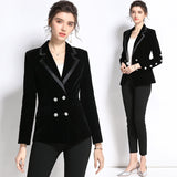 Women Black Velvet Suit Jacket Winter Double Breasted Long Sleeve Ladies Slim Office OL Blazer