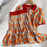 Korean OL Turn-Down Collar Short Sleeve Knitted T Shirts and Hit Color Patchwork Flower Skirts 2 Pieces Sets