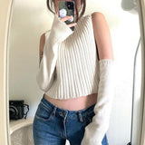 Y2k Knitted Turtleneck Sweater Vest with Long Sleeve Solid Indie Vintage Crop Tops Fall Winter Clothes Women
