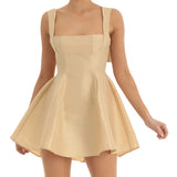 Women Sling Mini Dress Evening Party Summer Clothes Solid Color Sleeveless Backless Square Neck A-line Dress Sexy Club-Outfit