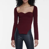Black Slim Sweater For Women Square Collar Long Sleeve Side Split Knitted Pullover Female 2022 New