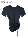 Minimalist Solid T Shirt For Women O Neck Short Sleeve Patchwork Chain Irregular Slim T Shirts Female Summer