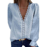Blouses Women Fashion Lace Patchwork V Neck Long Sleeve Casual Elegant Shirts Tops Office Work Plus Size Chiffon