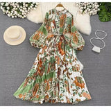 Quality Light Extravagant Lantern Long Sleeved Round Collar Waist Slim Single Breasted Printed Dress Elegant Long Skirt-Outfit