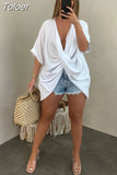Front Draped Baggy Basic T-shirts for Women Simple Plunge V-neck Short Sleeve Tops Casual Summer Solid Irregular