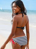 and White Halter Striped Print Bow Two Piece