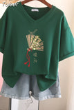 100% Cotton L-5XL Plus Size T Shirt Print Short Sleeve Women's Top Japanese Summer Sweet Couple V Neck Oversize T