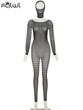 Summer Sexy Solid One Piece Yoga Jumpsuits For Women 2023 O Neck Long Sleeve Backless Mesh Hooded Knit Jumpsuit