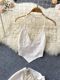 Solid Korean Style Women Set Summer 2022 V Neck Backless Drawstring Elegant Ladies Mini Skirt A Line Two Piece