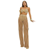 Solid Color Strap With Bra High-Waisted Split Swimsuit Bikini Long Net Trousers Three-Piece Set 2025