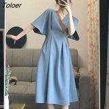 Casual Short Sleeve Dress Women V-neck Batwing Sleeve A-line Draped Office Ladies Summer Korean Style Knee-Length