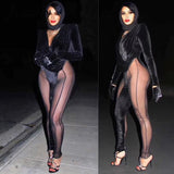 Autumn Solid Velet Patchwork Jumpsuits for Women Sexy V-Neck Full Sleeves Mesh Long Pants Female Street Party